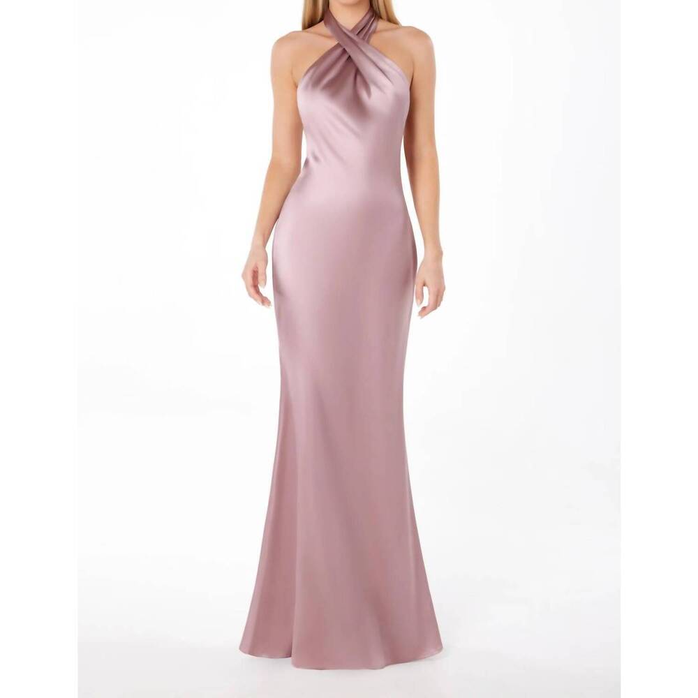 NEW ASTEE cross satin maxi prom dress in mauve